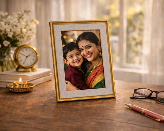 Gold-framed photo of a woman and child on a wooden table with decorative items.