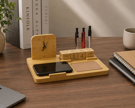 Arlo Bamboo Desk Organiser with Wireless Charger