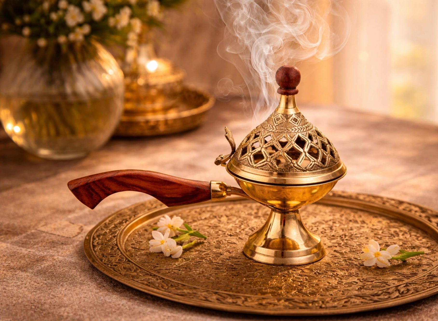 Bakoor Ritual Vedic Brass Bakoor Dhuni with Wooden Handle | Sambrani & Loban Burner