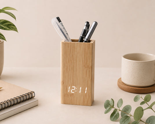 Alder Wooden LED Clock with Pen Stand